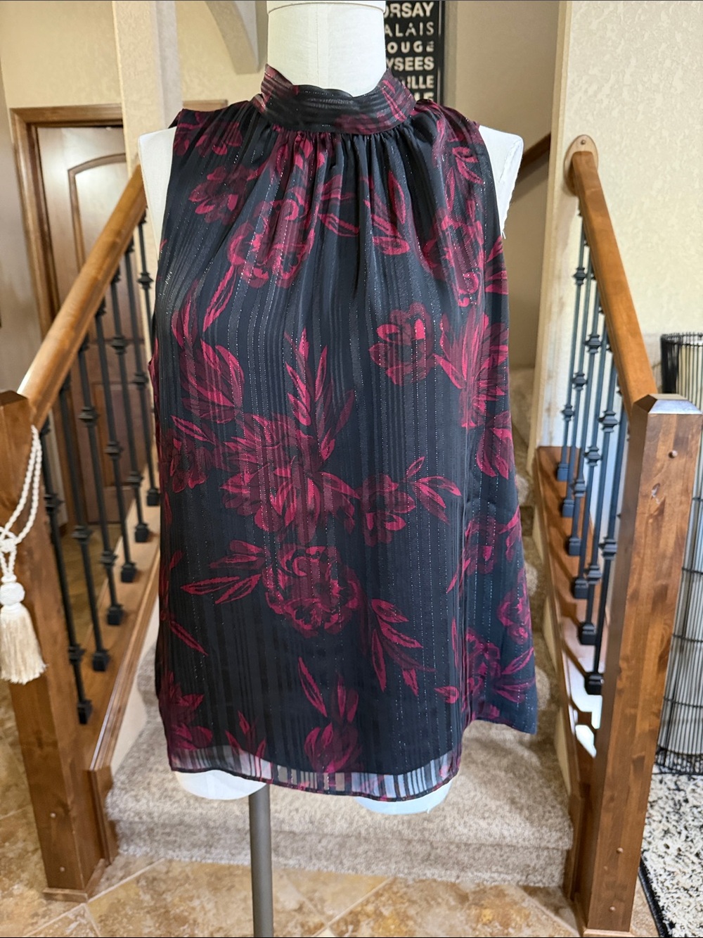 WHBM Black Sleeveless Halter Blouse with tie at neck - L